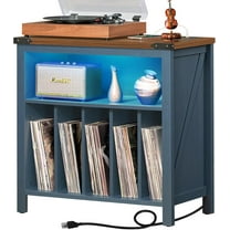 Large Record Player Table with Charging Station & LED Lights, Blue Vinyl Record Storage Cabinet Holds up to 230 Albums, Turntable Stand with Display Shelf for Music Room Bedroom Living Room