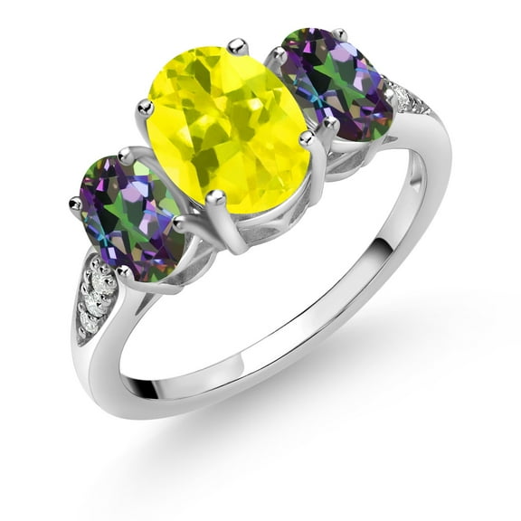 Gem Stone King 10K White Gold Canary Mystic Topaz Green Mystic Topaz and White Lab Grown Diamond 3 Stone Engagement Ring for Women (2.80 Cttw, Gemstone Birthstone, Size 5)