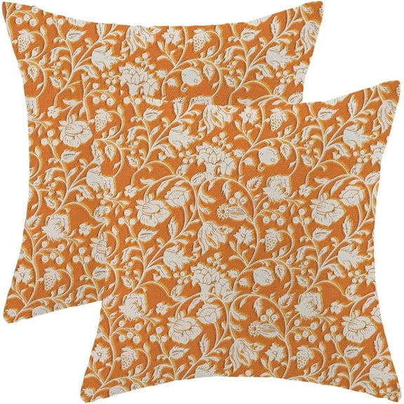 Spring Burned Orange Floral Throw Pillow Covers 18x18 Set of 2, Burned Orange Floral Decorative Pillow Cover Neutral Vintage Decoration Outdoor Cushion Cover for Sofa Couch Farmhouse Room