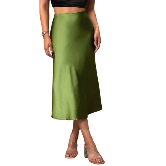 Women Solid High Waist Silky Casual Elastic Satin Midi Skirt Green L