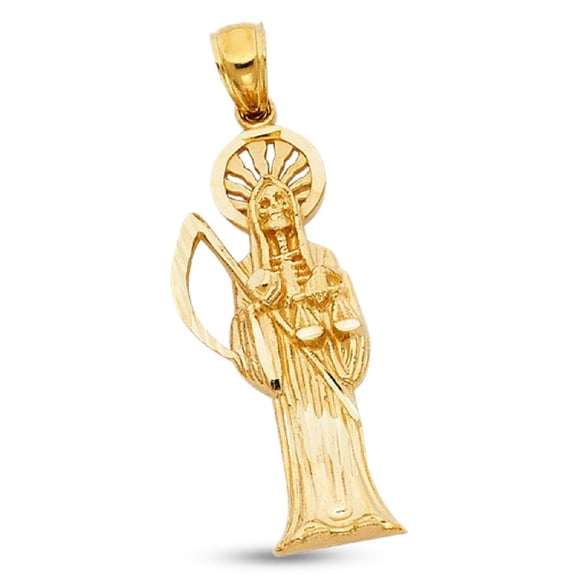 Solid 14k Yellow Gold Santa Muerte Charm Death Grim Reaper Pendant Christian Polished 30 x 13 mm