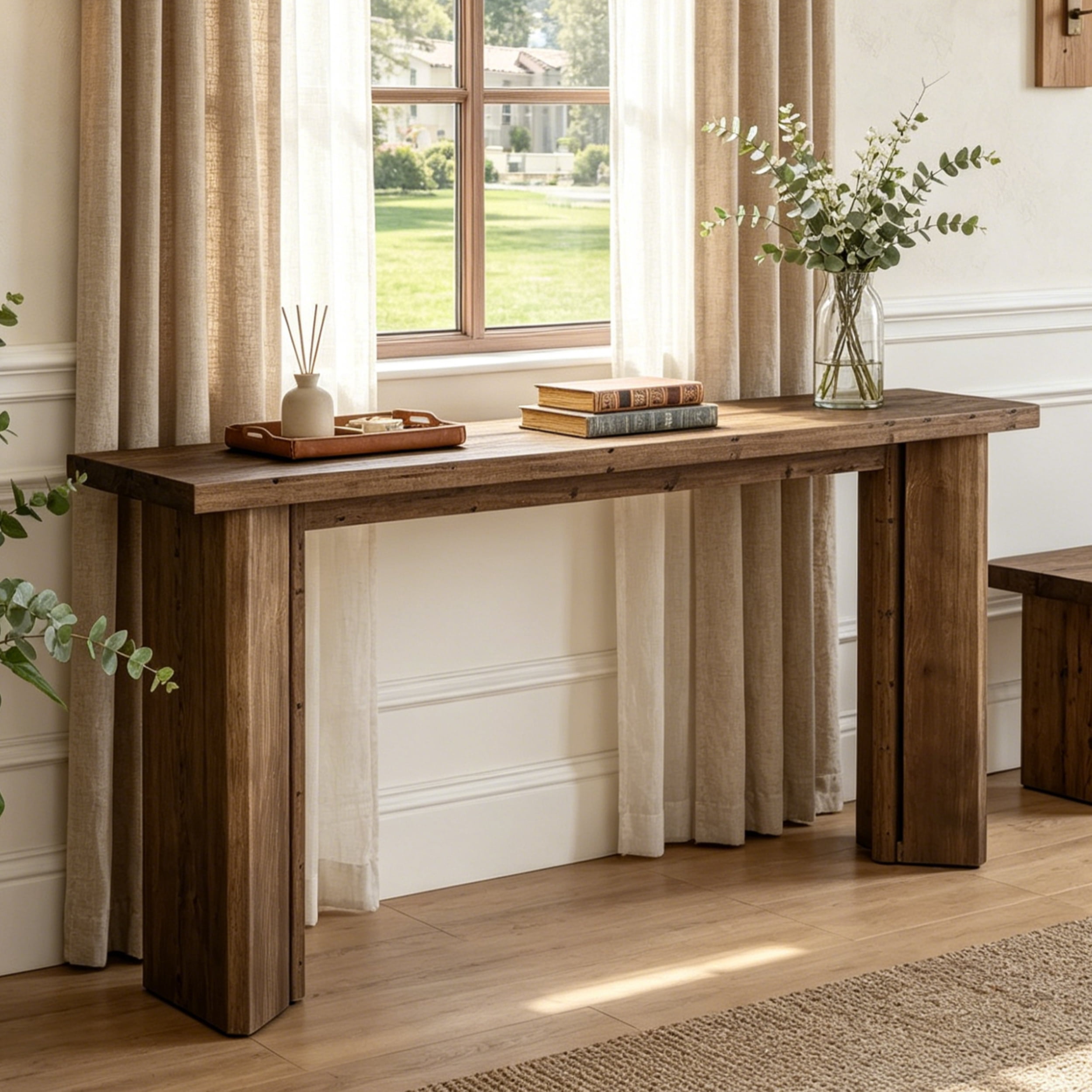Fnova 70.9" Solid Wood Console Table, Farmhouse Extra Long Narrow Entryway Table, Slim Modern Sofa Table for Living Room, Hallway, Foyer