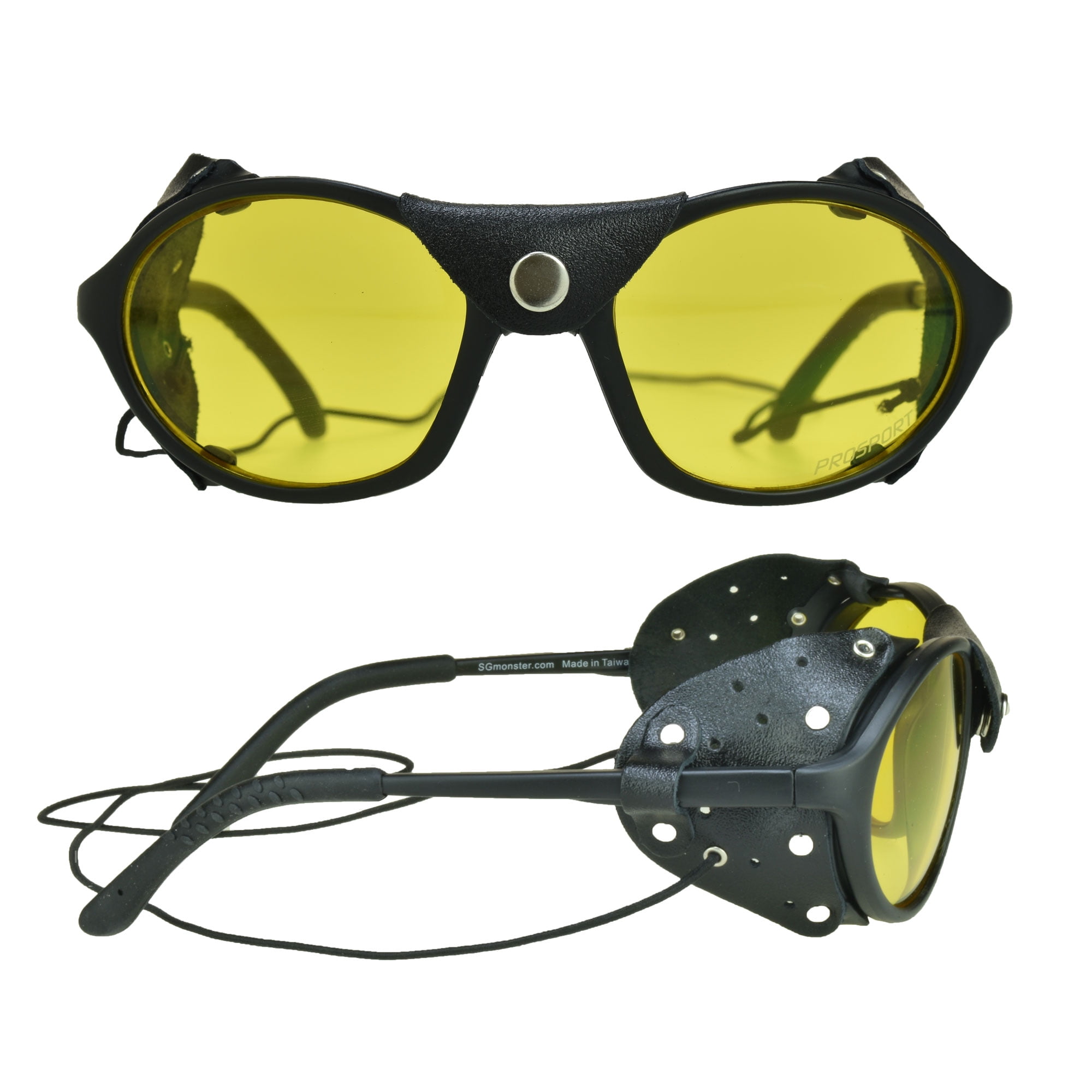 Leather Glasses Yellow Lens Glacier with Side Shield and String, Night Vision Driving Riding Indoor