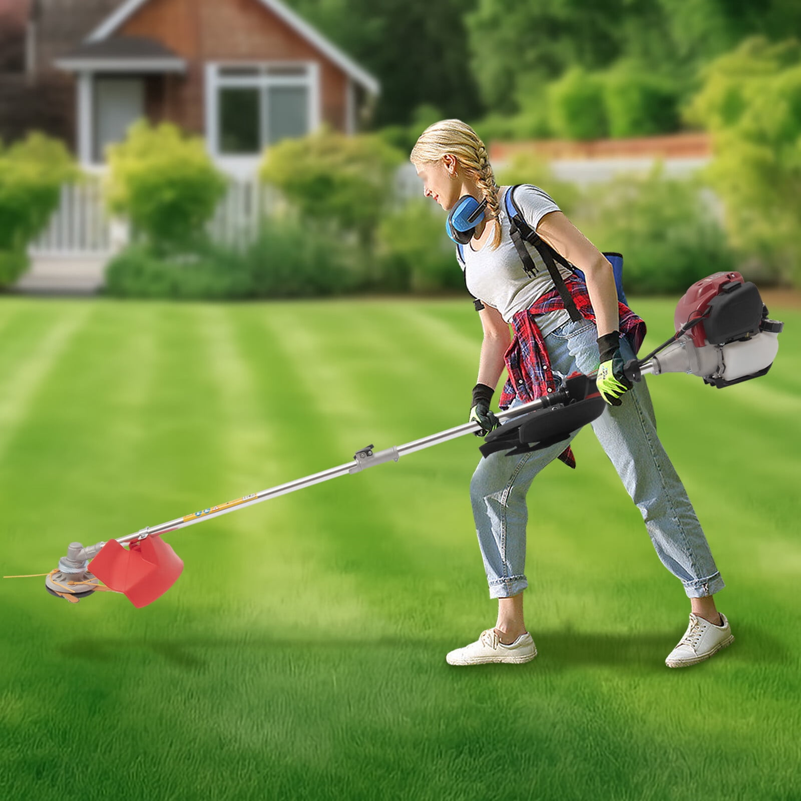 Aiqidi 35.88CC 4-Stroke Gasoline Powered Weed Eater Cordless Weed Wacker Gas String Trimmer Lawn Edger Grass Trimmer Brush Cutter Lawn Mower 750W 8500Rpm w/2 Blade Heads for Garden Yard Urban Greening