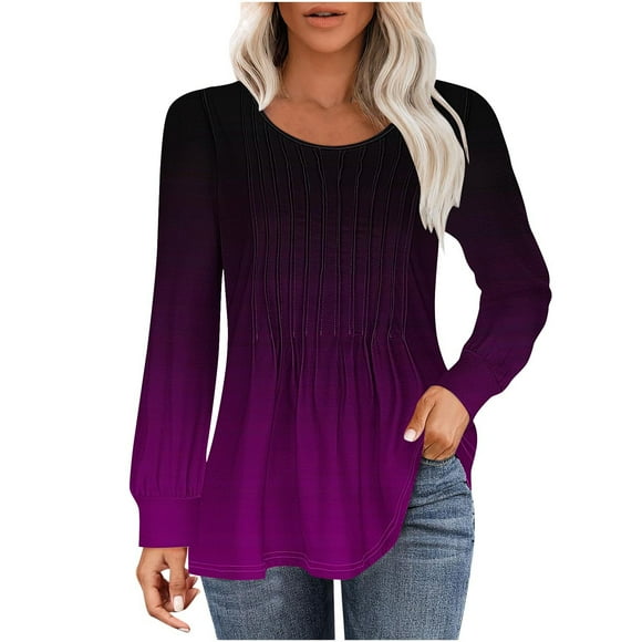 aidice Tops for Women Casual Round Neck Long Sleeve Ruched Shirts Comfy Fitting Gradient Color Tunic Tops