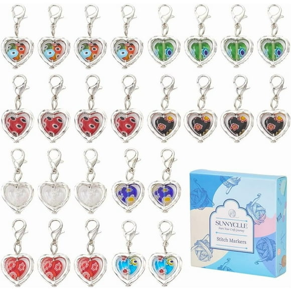 SUNNNYCLUE 1 Box 50Pcs Glass Stitch Markers Heart Crochet Markers Random Colors Millefiori Love Locking Clip Lobster Claw Clasps Charms for Weaving Sewing Knitting Quilting DIY Crafts Supplies