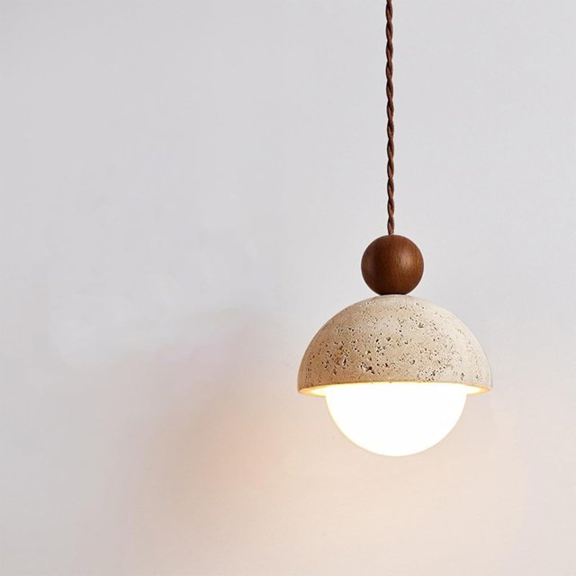 Natural Stone Shade Spherical Pendant Light Retro Mini Pendant Lamp Nordic Style Pendant Lighting for Kitchen Island Dining Room - Solid Wood Hainging Light Three-Tone Lighting,Walnut,5.9in