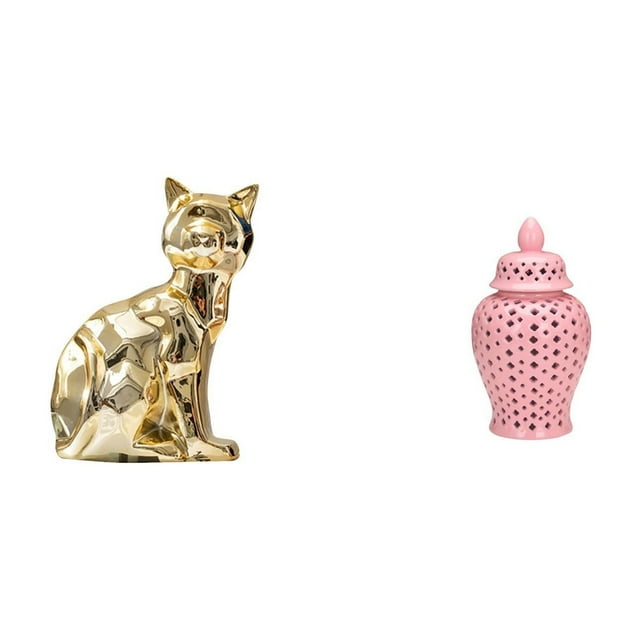 Escultura de gato de cerámica, figura decorativa, adorno de arte animal para chimenea y jarrón de con tapa para arreglos florales.