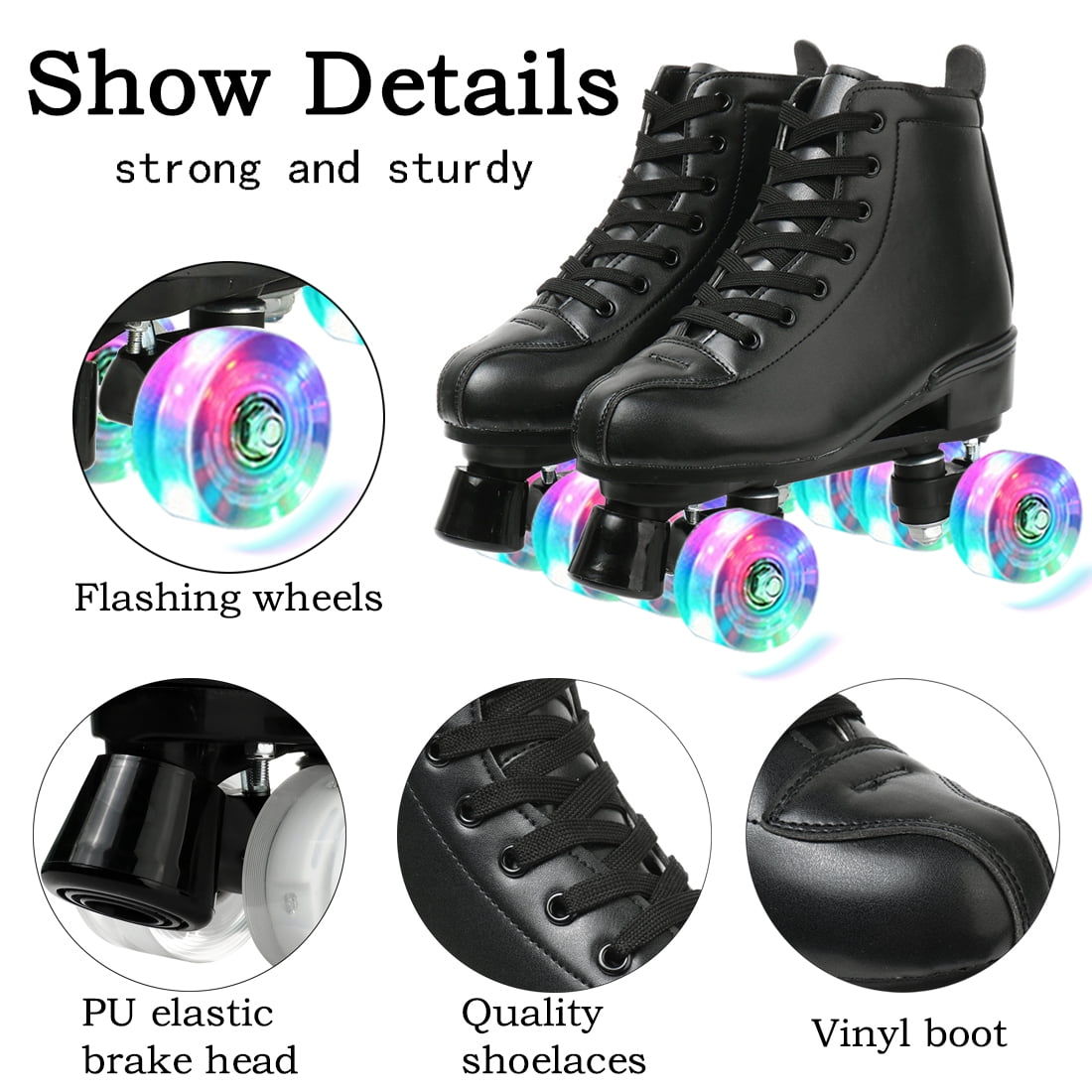 EONROACOO Teen Kids Skates, Light up Black Roller Skates for Women Girls Boys(Women 7/Men 6)