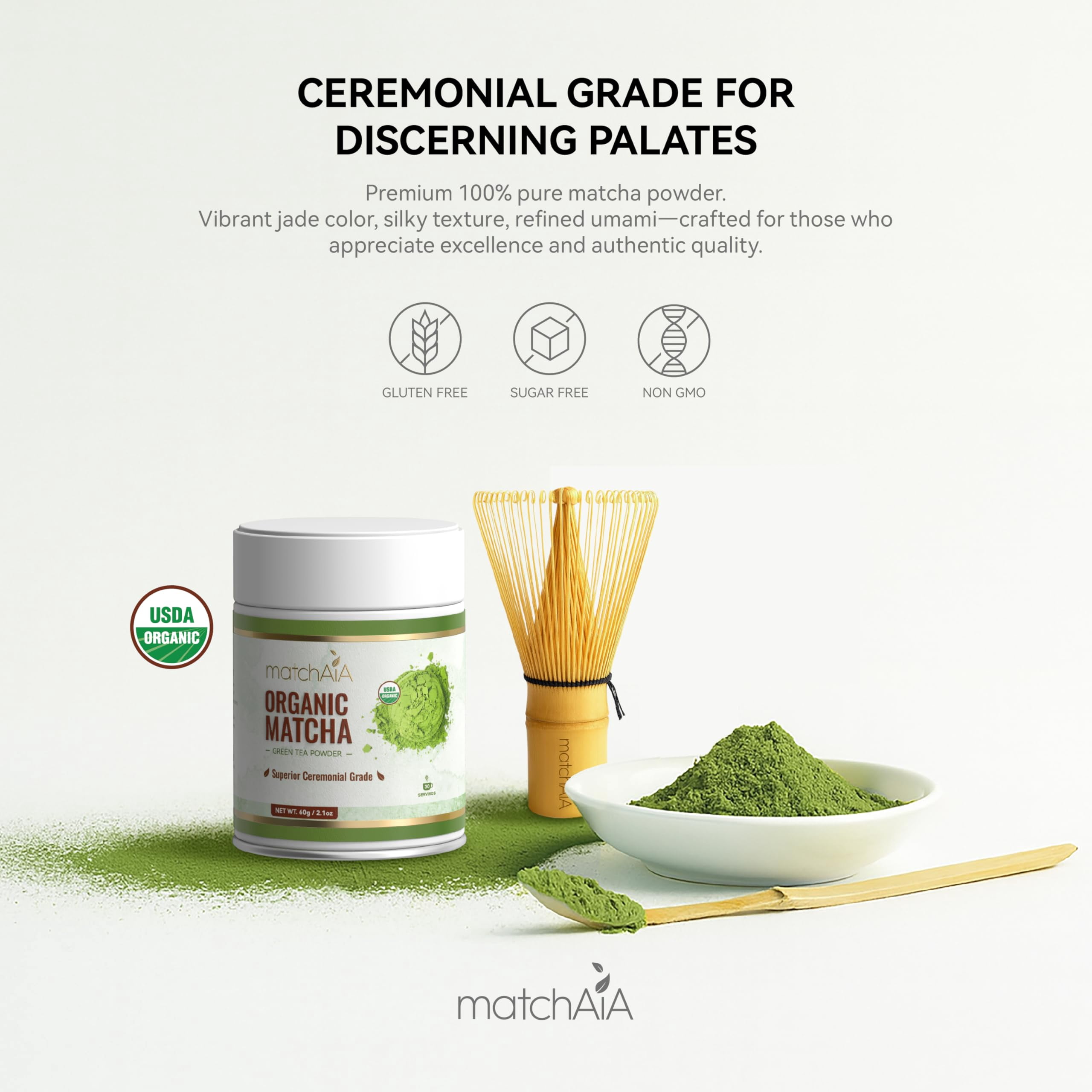 MatchAiA Organic Matcha Powder, Superior Ceremonial Grade, 60g/2.1oz, USDA Certified, First Spring Harvest, 100% Pure, Sugar Free, Gluten Free