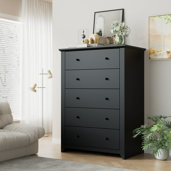 TrumanPick Black Dresser for Bedroom with 5 Drawers 47" Tall Chest of Drawers Wooden Dressers for Closet Living Room