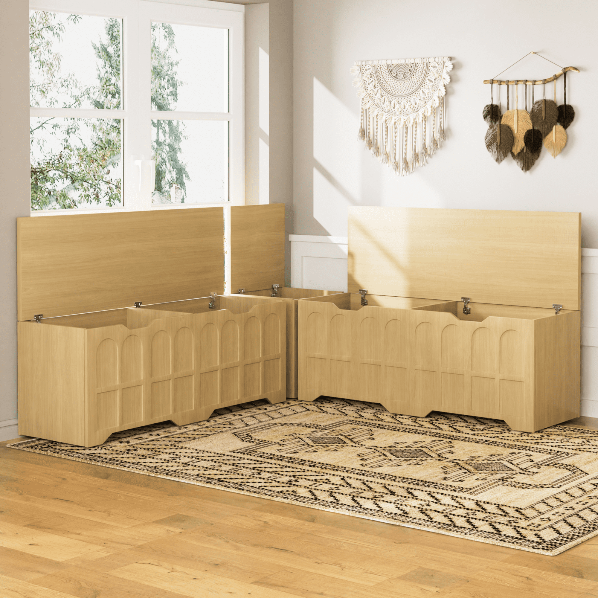 Leumius 3-Piece L-Shaped Multi-Functional Storage Bench with Cushion for Kitchen Corner Bench, Toy Storage Box or Reading Nook Seat Natural