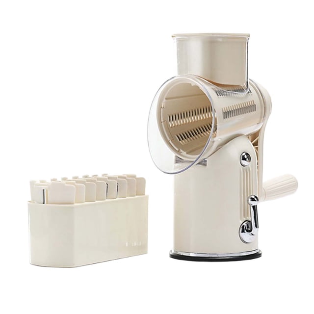 Râpe à Fromage Rotative avec Poignée Trancheuse Alimentaire Manuelle 5 en 1 avec 5 Lames en Acier Inoxydable Remplaçables et Base à Forte Aspiration