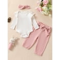 thumbnail image 2 of Bagilaanoe 3pcs Newborn Baby Girl Boy Pants Set Long Sleeve Romper Tops + Belted Trousers + Headband 3M 6M 9M 12M 18M Infant Casual Clothes, 2 of 9