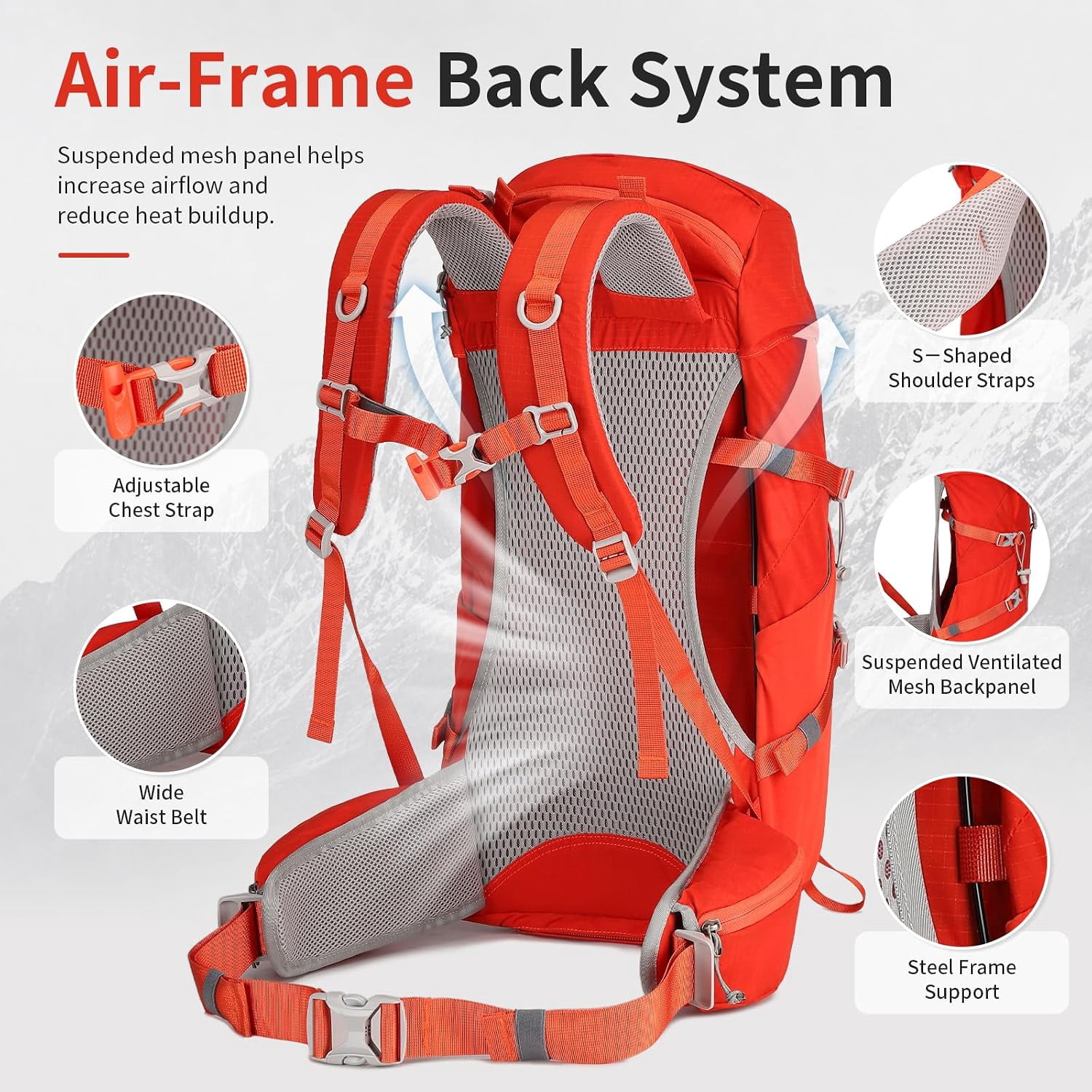 JIDIZHE 32L Hiking Backpack with Internal Frame and Rain Cover, Lightweight Pack Equipped with Adjustable Chest Strap, Breathable Unisex Daypack for Hiking, Camping and Travel，Red