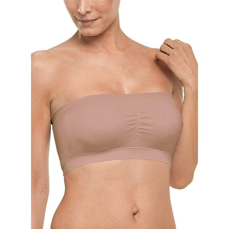 

Women’s Seamless Bandeau Bra Strapless Padded Tube Top Bra FREE Eyeglass Pouch (Beige L)