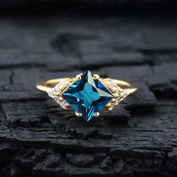 CHIRAGEMSJEWEL Princess Cut Swiss Blue Topaz Proposal Ring , Diamond Cluster Women Jewelry, 7MM/1 ct Wedding Gift for Love