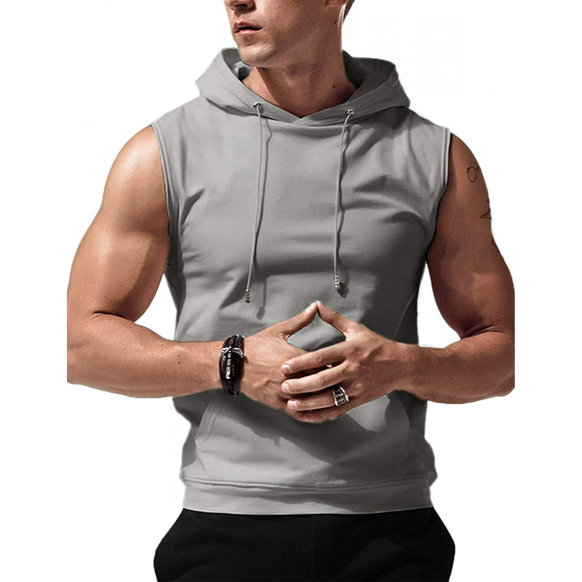 Men s Workout Hooded Tank Tops Sleeveless Gym Hoodies Bodybuilding Muscle Sleeveless T shirts Grey M