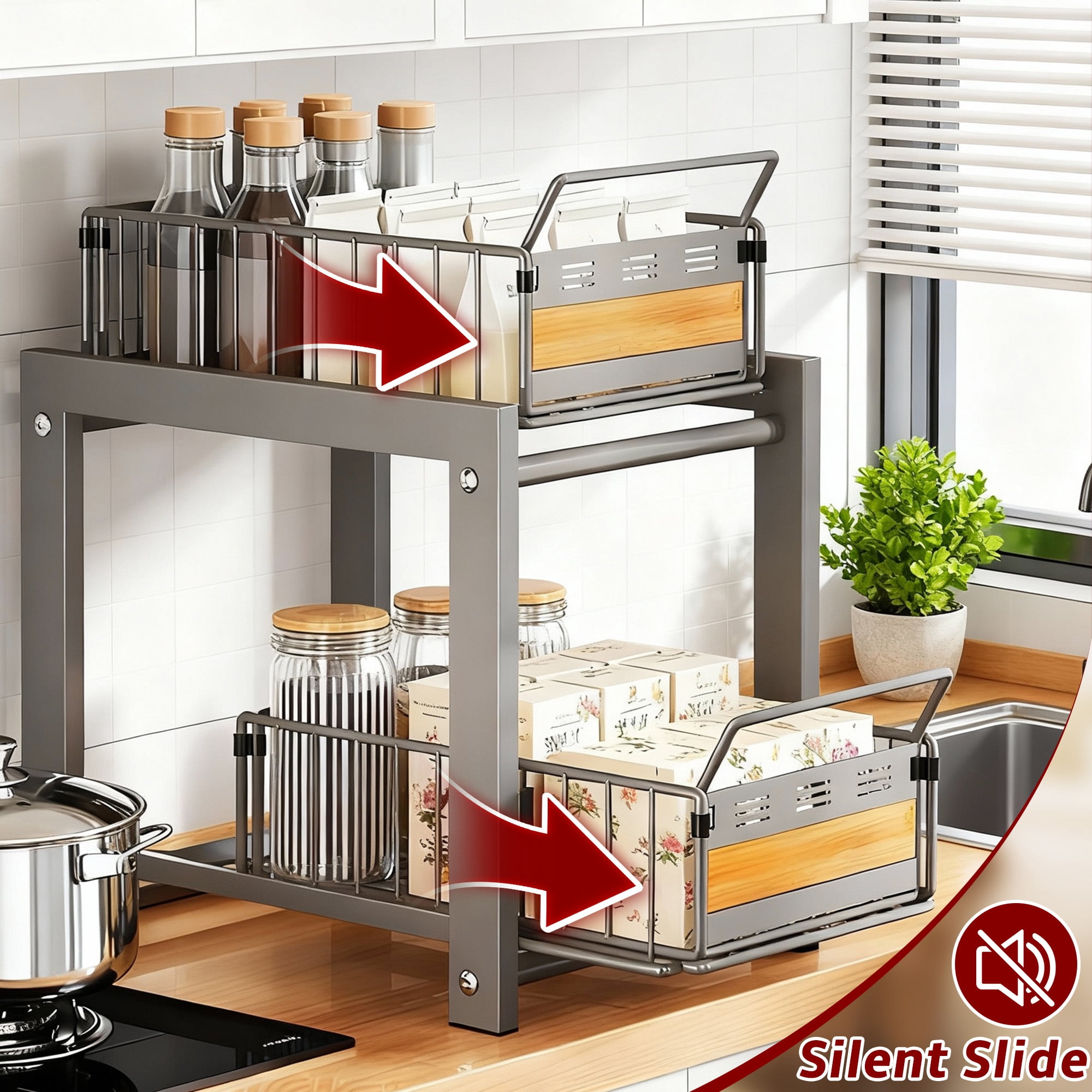 2-Tier Metal Under Sink Storage, Multi-Purpose Pull Out Cabinet Organizer, White Double Sliding Basket Organizer for Kitchen, Bathroom,