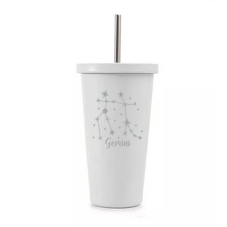 

White 16 oz Stainless Steel Double Wall Insulated Tumbler Pool Beach Cup Travel Mug With Straw Star Zodiac Horoscope Constellation (Gemini)
