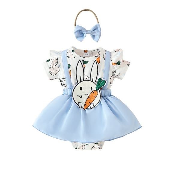 TBWNWG Newborn Onesies Girl,Girls Short Sleeve Easter Cartoon Rabbit Romper Bodysuits Dress Headbands Set for 3-6 Months
