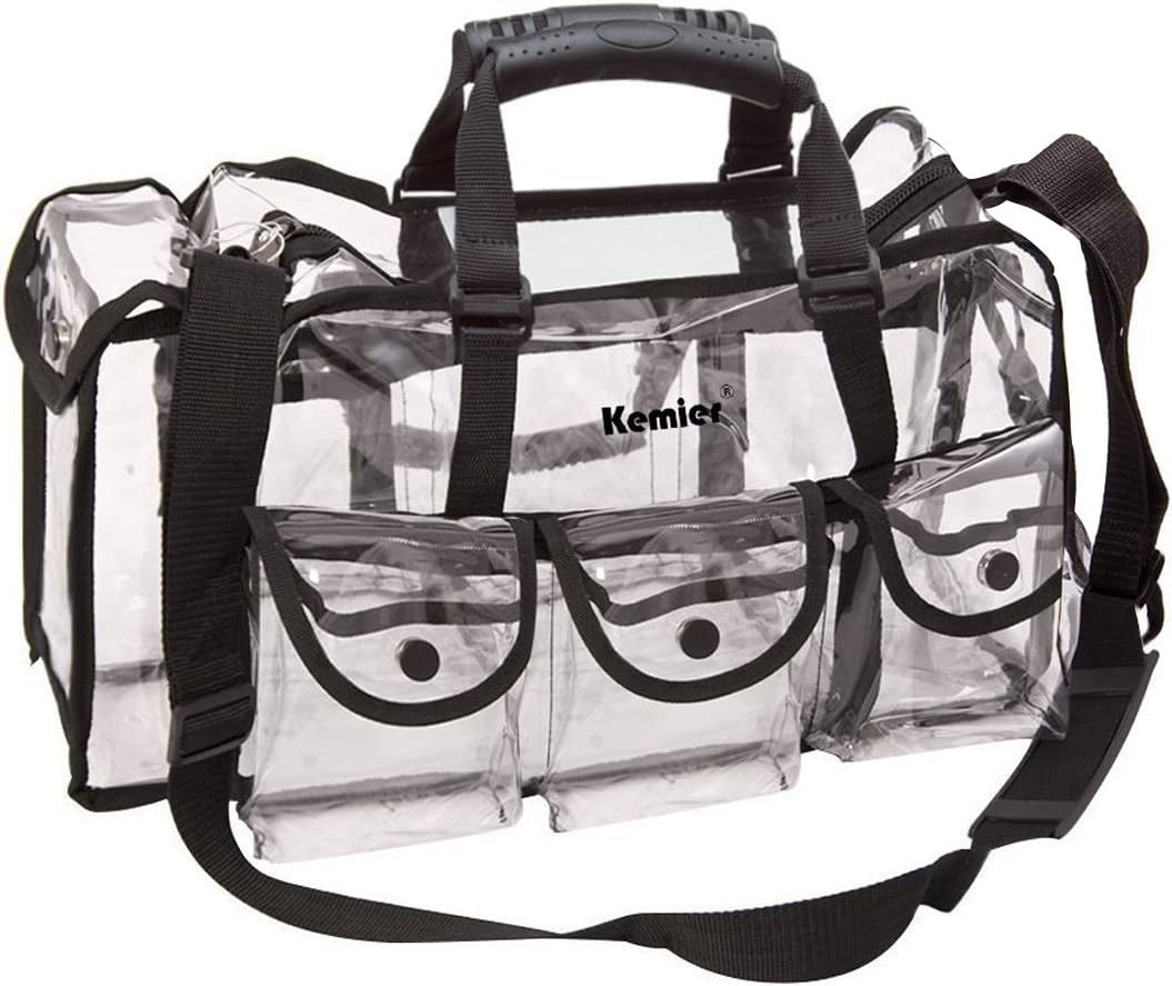 Kemier Clear Travel Makeup Bag with 6 External Pockets,Cosmetic Organizer Case with Shoulder Strap,Large