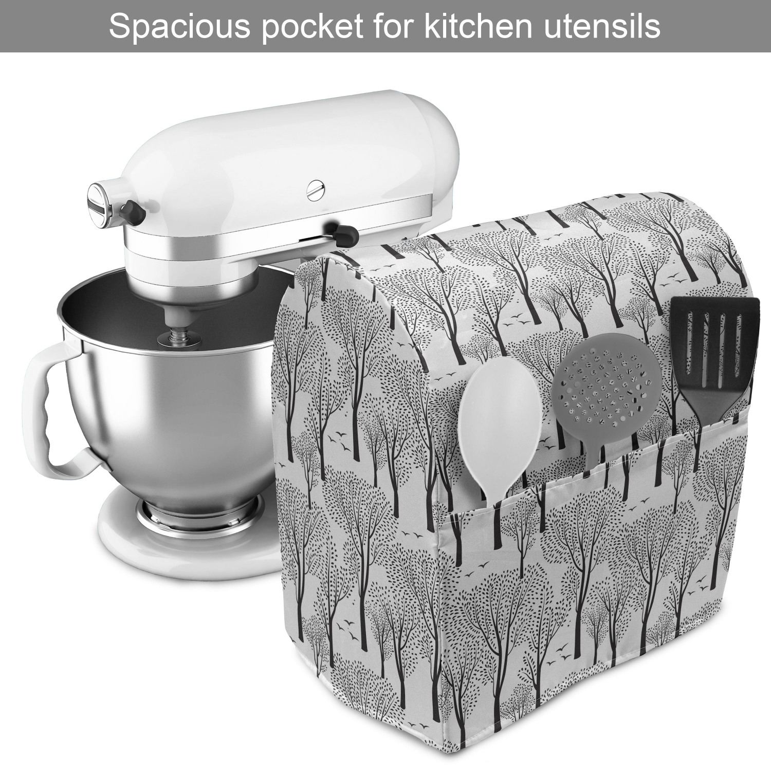 Winter Stand Mixer Cover, Monochrome Abstract Forest Pattern Trees Leaves Birds Wildlife Woodland Nature, Kitchen Appliance Organizer Bag Cover with Pockets, 5 Quarts, Black White, by Ambesonne - image 2 of 4