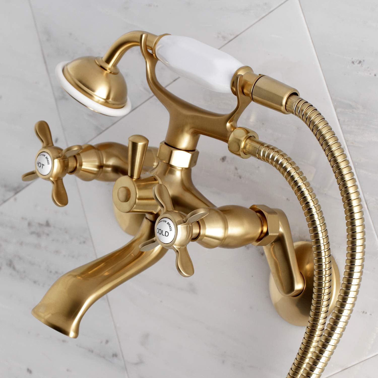 Kingston Brass KS286SB Essex 2-Handle Wall Mount Clawfoot Tub Faucet with Hand Shower, Satin Brass