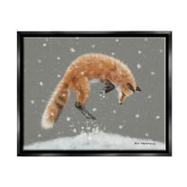 Stupell Industries Jumping Fox Winter Snowfall Holiday Painting Black Floater Framed Art Print Wall Art