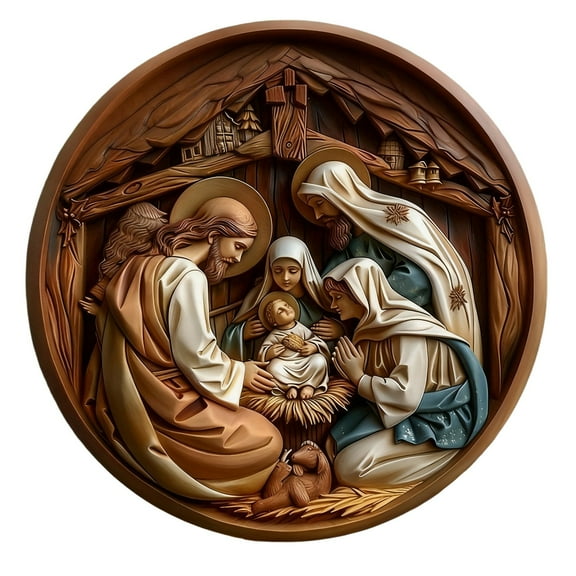 CuiLiyq 8 Inch Nativity Scene Wall Hanging Decoration, Aluminum Alloy Round Religious Christmas Ornaments Christian Home Gift, for Living Room Bedroom Ornament