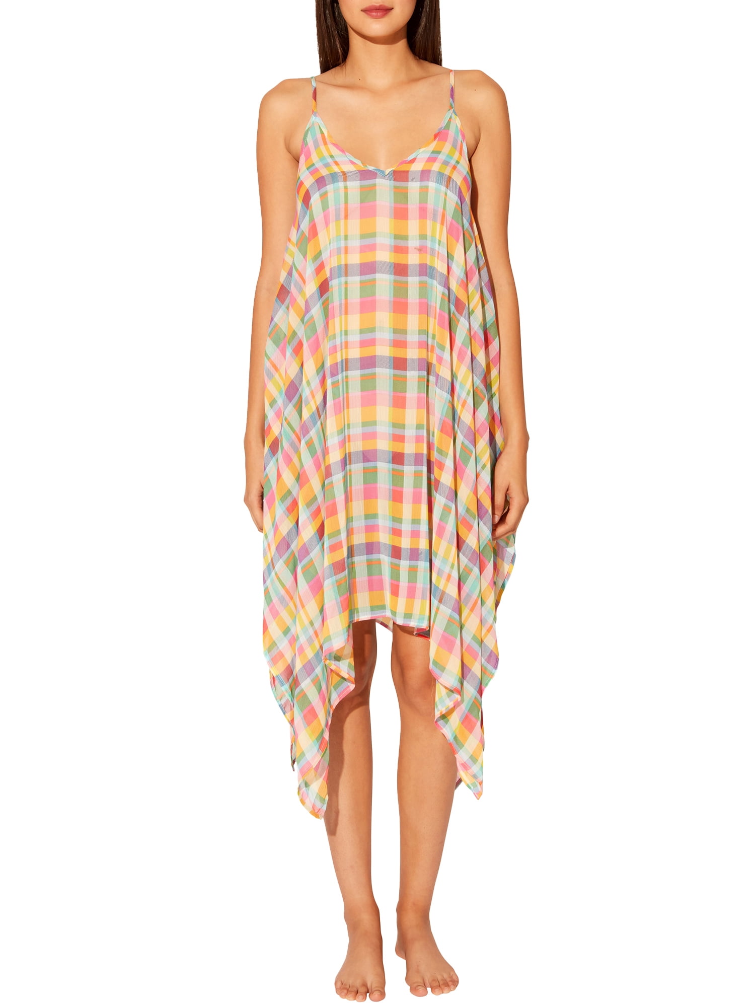 Into the Bleu Women's Plaid Handkerchief Hem Swim Cover Up Dress