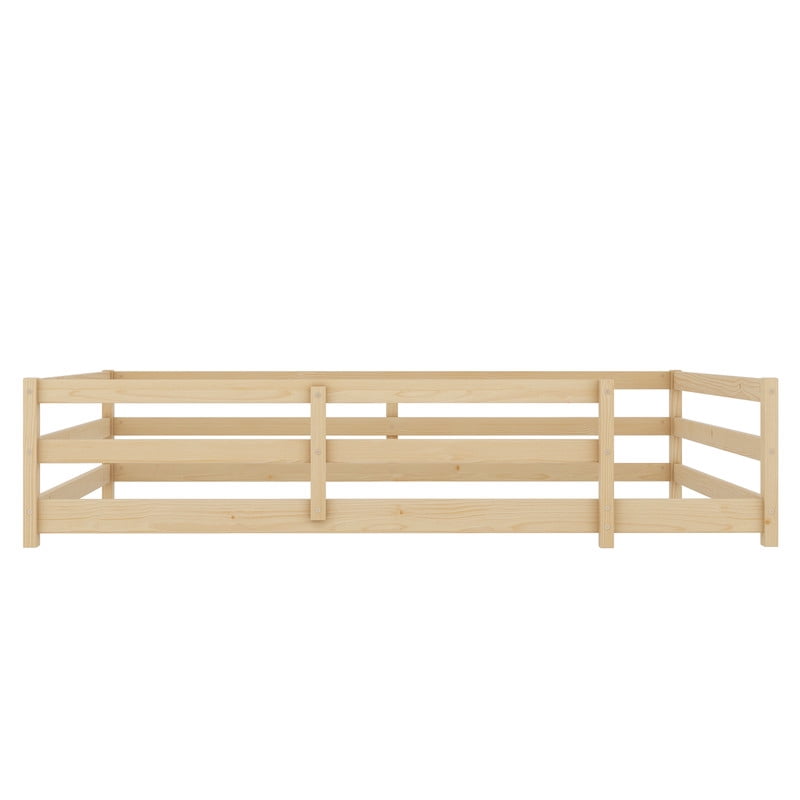 Bellemave Full Montessori Bed with Rails, Wood Full Size Floor Bed Frame with Fence, Low to Ground Bed Frame with Safety Guardrails - Natural