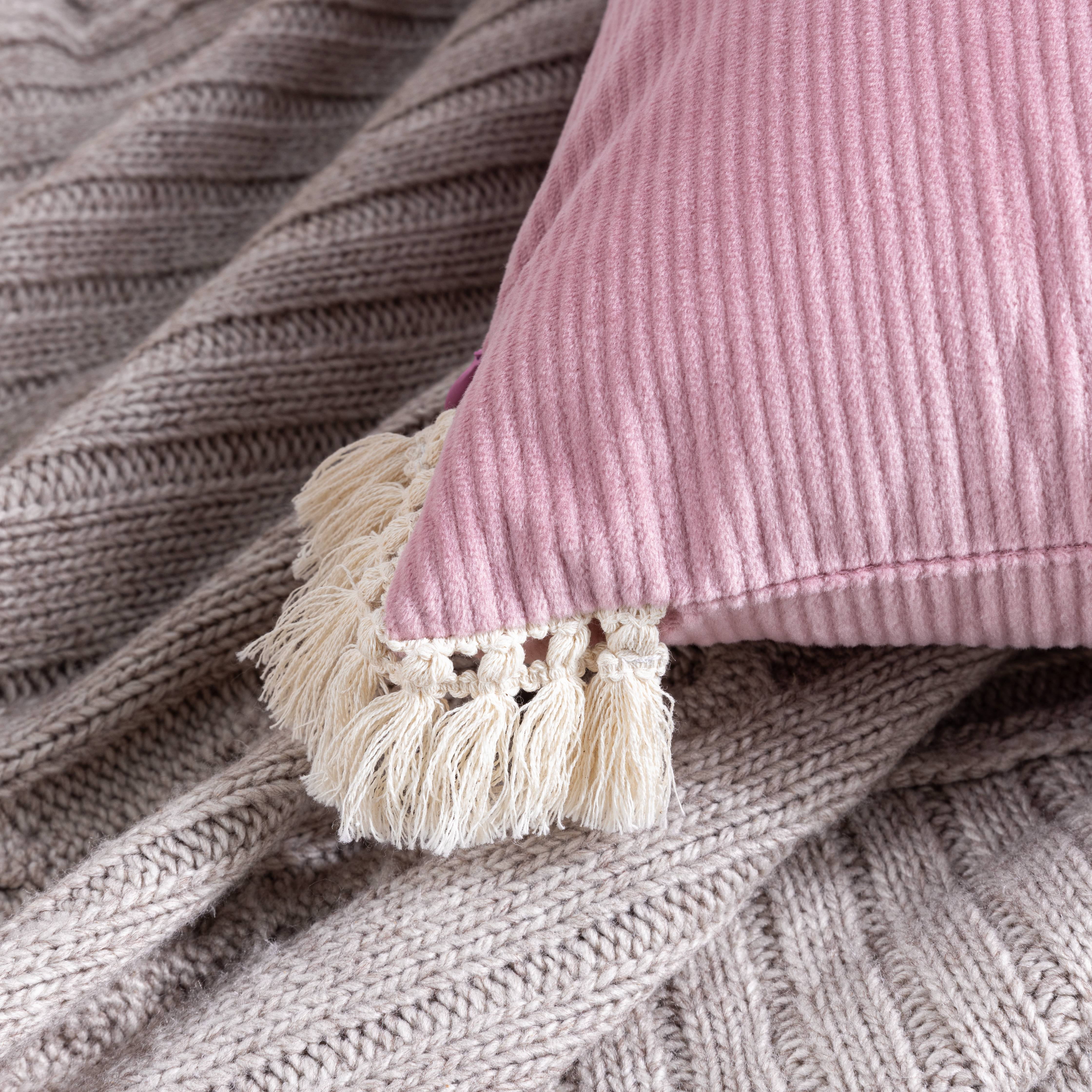 Phantoscope Soft Corduroy Velvet with Cotton Tassel Solid Square Cusion Accent Decorative Throw Pillow for Couch, 20" x 20", Pink, 2 Pack