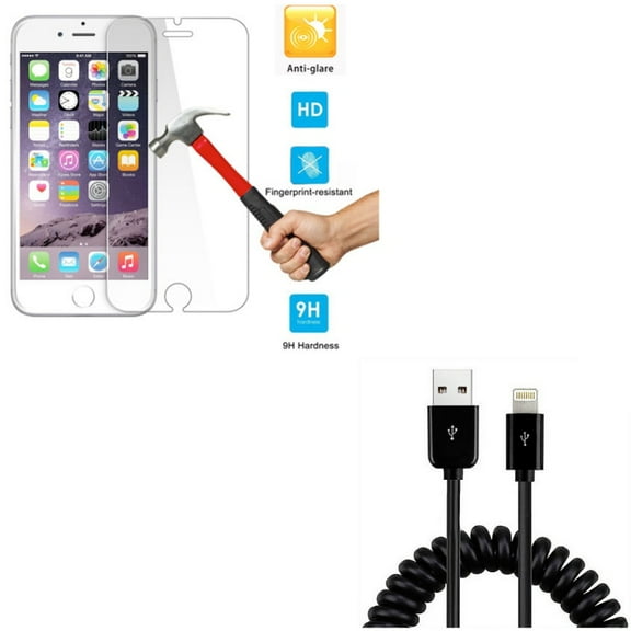iPhone 8/7/6S/6 - Coiled USB Cable w Anti-Glare Screen Protector - Charger Cord Power Sync Wire, Tempered Glass Matte 2.5D Curved Edge Anti-Fingerprint for iPhone 8/7/6S/6