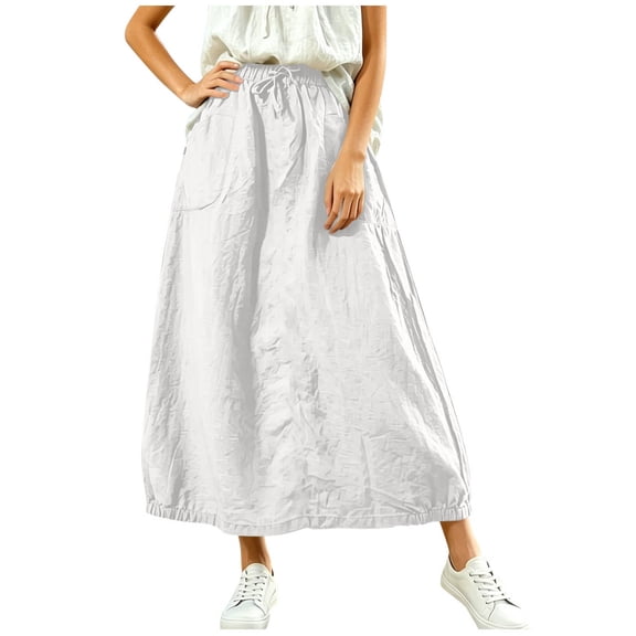 Kilaqueen Women's Cotton Linen Maxi Skirt with Elastic Waist and Pockets, Casual A Line Long Skirt for Travel, Beach Trips, Weekends and Everyday Wear