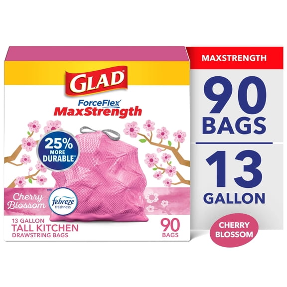 Glad ForceFlex MaxStrength Tall Kitchen Trash Bags, 13 Gallon, Cherry Blossom with Febreze Freshness, 90 Bags