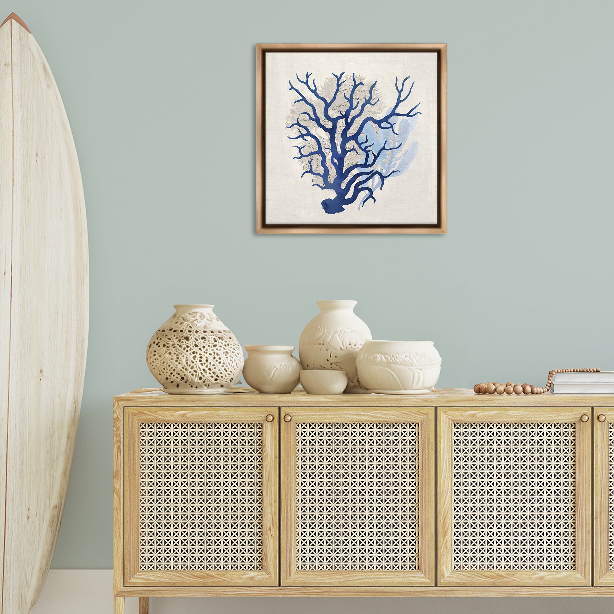 Stupell Industries Blue Coral Branches Nautical & Beach Painting Brown Floater Framed Canvas Art Print Wall Art, 25 x 25