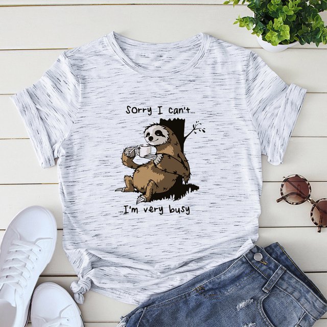 Camiseta de mujer Cute Sloth Print Manga corta O Cuello Tallas grandes Casual Tops sueltos S-5XL Abanopi Blanco granulado/4X-grande