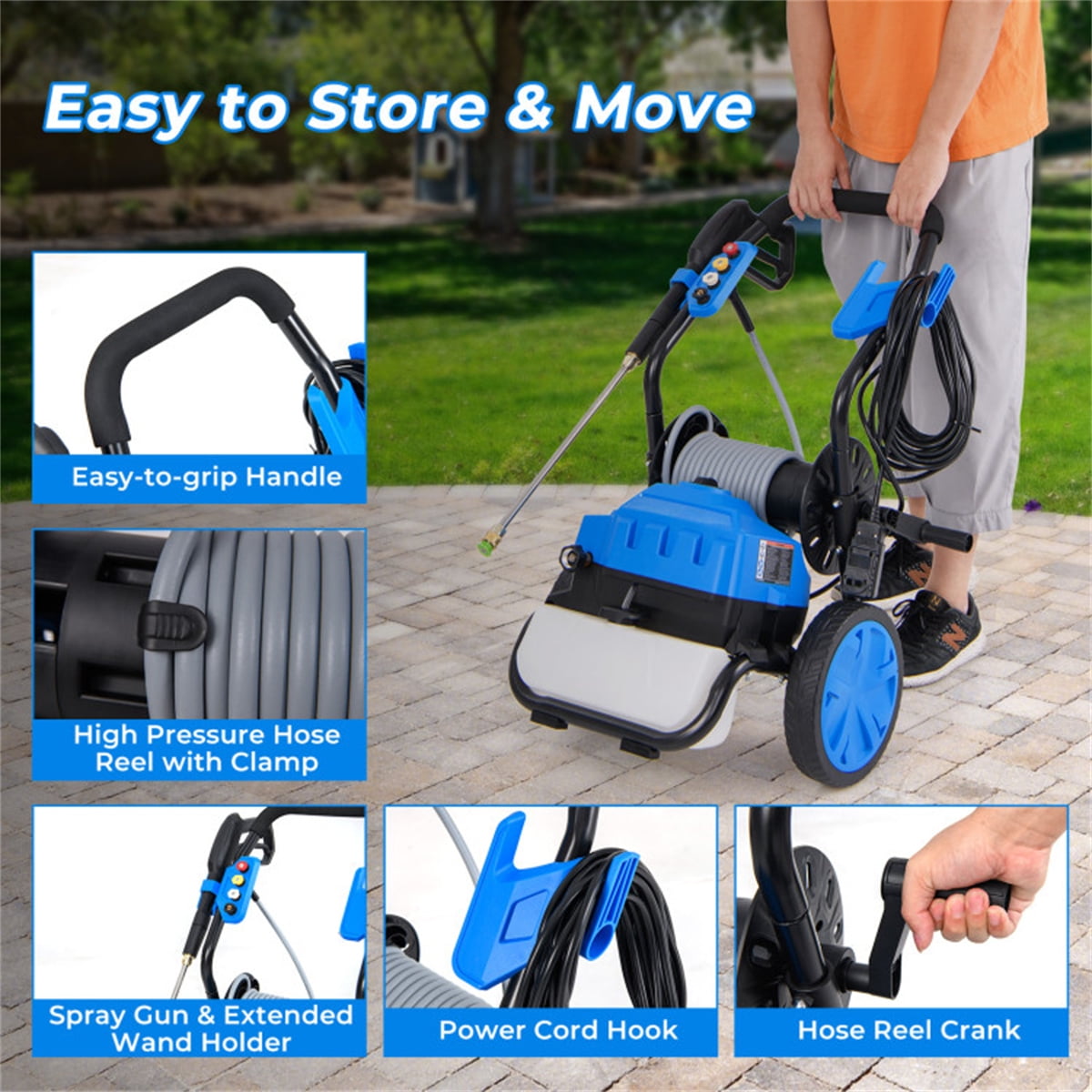2300 PSI Electric Pressure Washer with Wheels, 1.8 GPM High Power Washer for Driveway, Patio, Deck & Car Cleaning | Includes 5 Quick-Connect Nozzles, Soap Dispenser, 21ft Hose & 35ft Cord