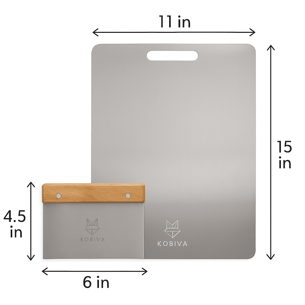 304 Stainless Steel Cutting Board with Bench Scraper & Wooden Handle | Food Grade, Large Metal Chopping Board, Dough Cutter, Dishwasher Safe | Kitchen Set for Meat, Bread, Vegetables & Pastry