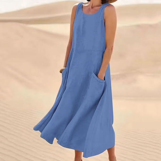 Puntoco Vestido Largo De Mujer Sin Mangas Con Cuello Redondo Color Liso Con Bolsillos Vestido Sin Mangas Con Cuello Redondo Azul Oscuro Xxl, Regalo Para Mujer