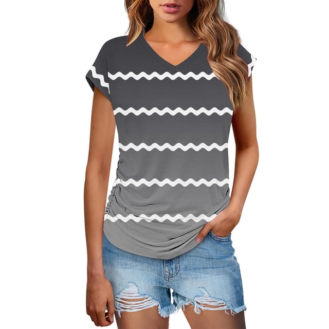 Eres Más Que una Camisa de Puntuación de Prueba Sexy de Manga Corta Lentejuelas Suelta Camisa de Blusa con Cuello en V, Poliéster