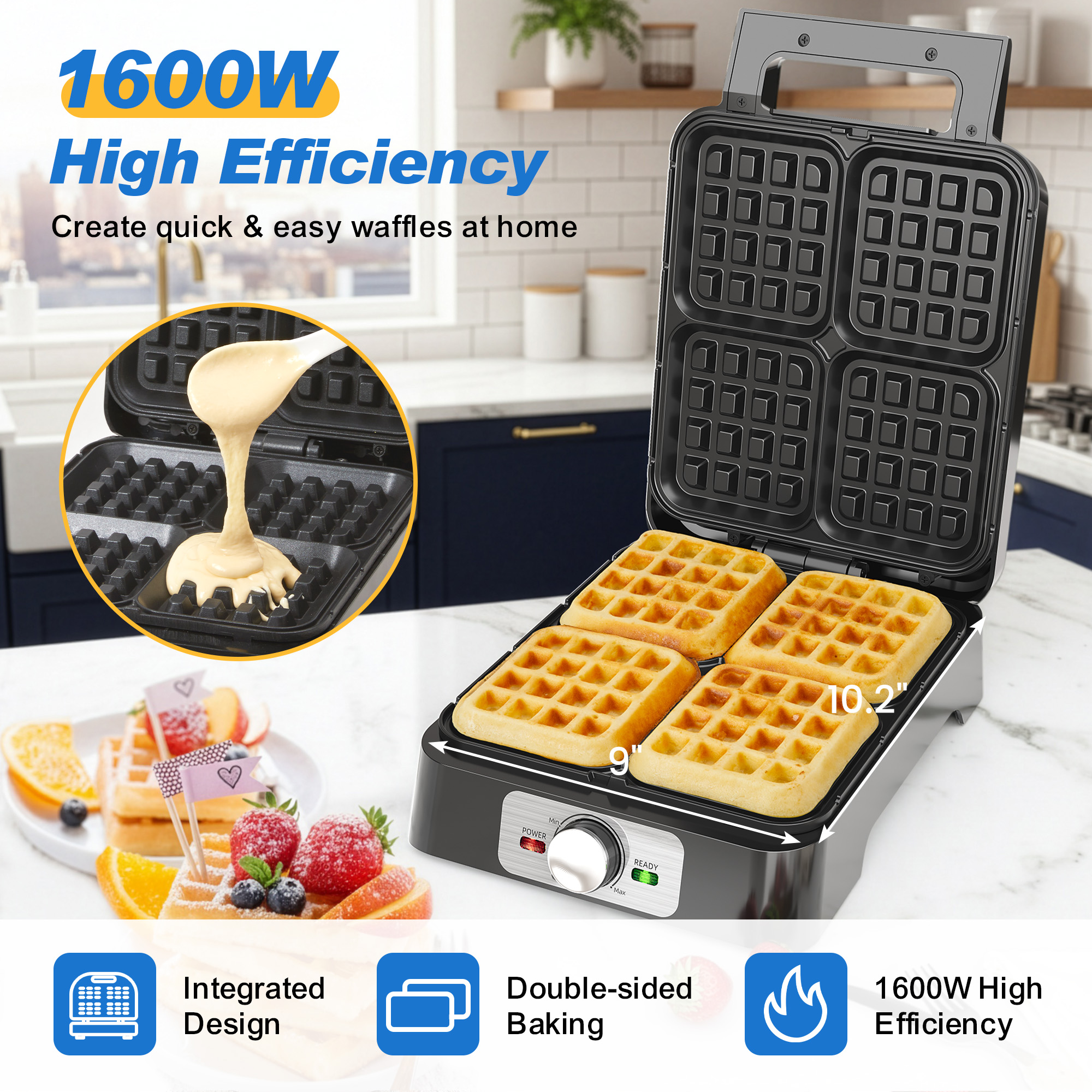 Sunvivi 4-Slice Belgian Waffle Maker, Electric Waffle Iron with Temperature Control, Nonstick Plates & Indicator Lights, Easy Clean