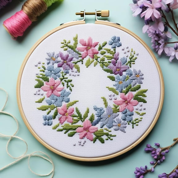 Little Flower Garland 11CT Stamped Cross Stitch Kits Easy for Beginners Child with Hoop DIY Needlepoint Counted Embroidery Kits Art Craft Wall Decor 12x12IN(2)