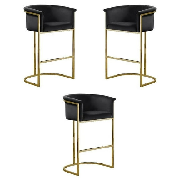 Home Square Velvet and Metal Barstool with Chrome Base in Black - Set of 3