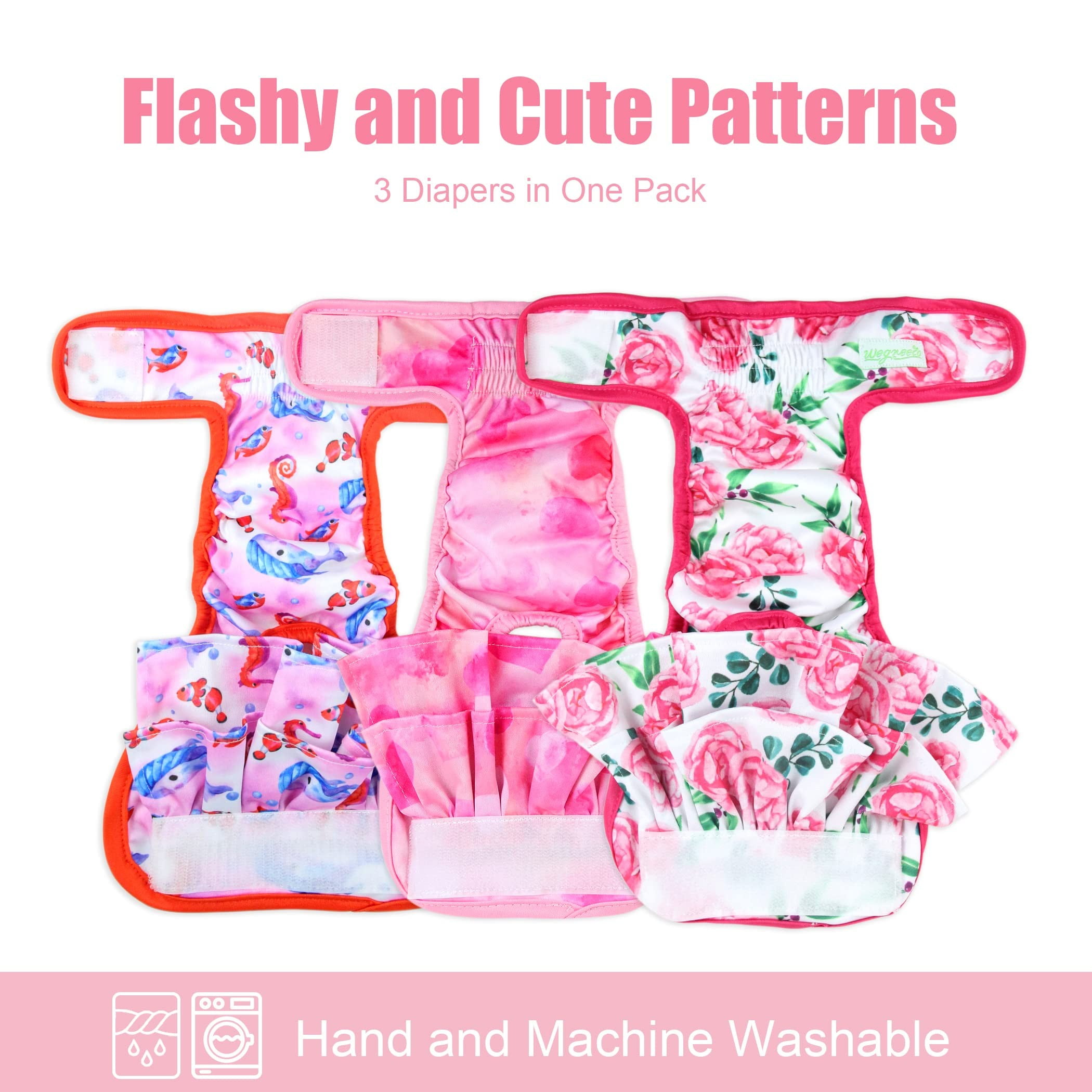 Wegreeco Washable Dog Diapers (3 Pack), Highly Absorbent Dog Diapers for Female Dogs, Reusable Dog Dresses for Dogs (Ocean of Flowers, Large)
