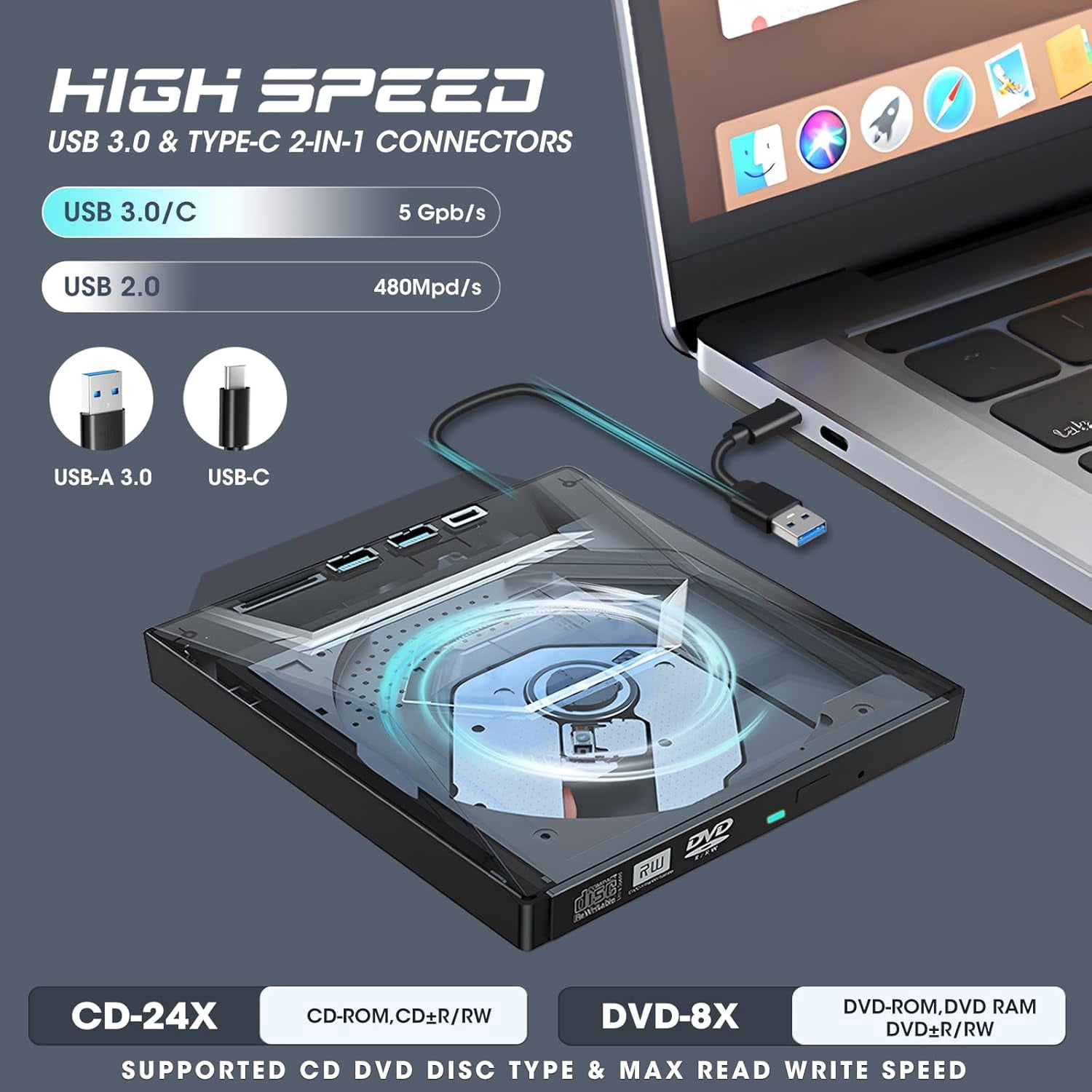 7-in-1 External Blu-ray Drive USB 3.0 & Type-C, Portable BD/DVD/CD Burner with 3-Port USB Hub & SD/TF Card Reader, 6X Optical Drive for Laptop & Desktop(RL Black 1 PC)
