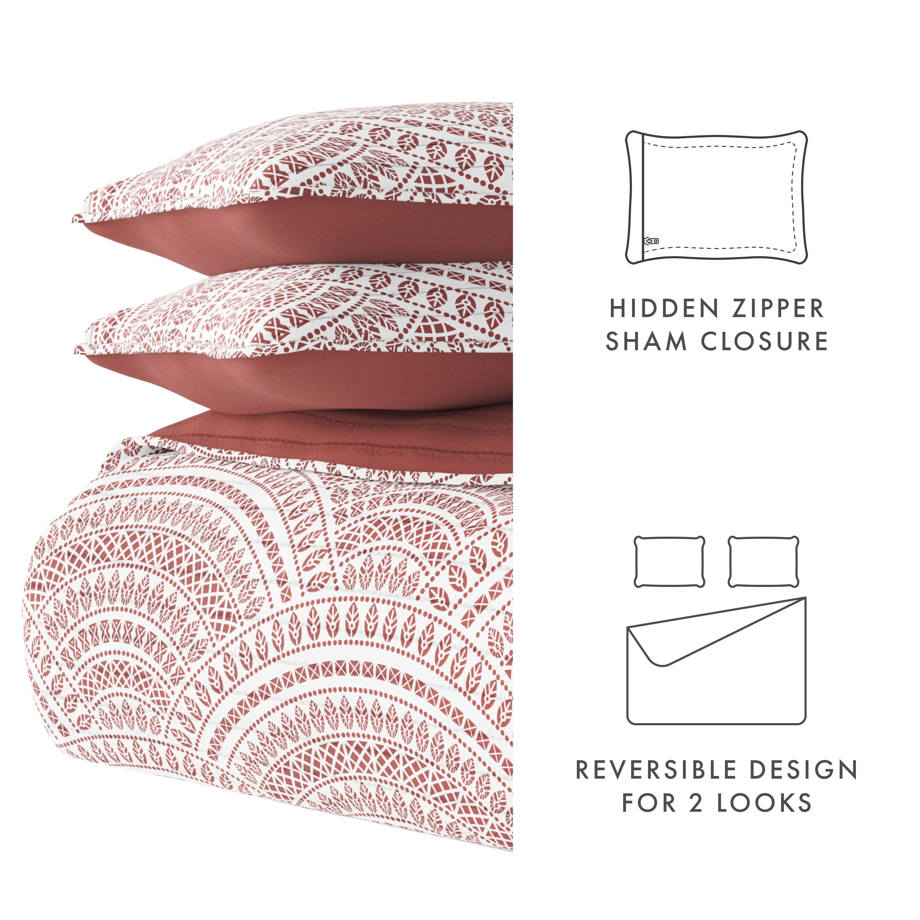 Noble Linens Terracotta 3 Piece Scallop Reversible Microfiber Quilt Set, Twin / Twin XL