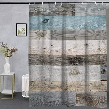 Newhomestyle Blue Grey Wood Barn Door Country Shower Curtain,Rustic Farmhouse Shower Curtains Bath Curtain for Bathroom 72 x 72 in