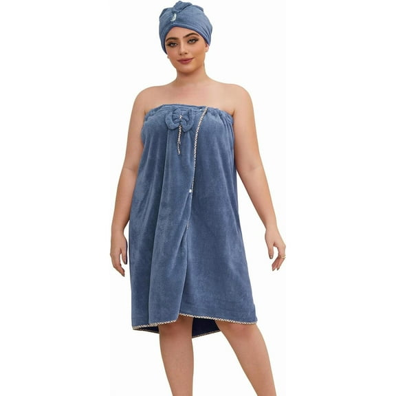 Women's Plus Size (XXL-XXXXL) Dark Blue Towel Wrap, Spa Shower Wearable Bath Towel, Including Hair Towel, Extra Large Size